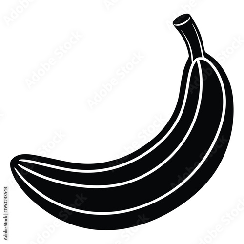 A simple black and white illustration depicting a curved ripe banana fruit