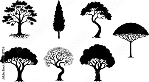 Tree silhouettes vector set, natural forest plants collection illustration, black deciduous and conifer trees shapes for nature landscape, ecology design