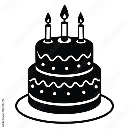 A black and white illustration of a two tiered birthday cake with three lit candles