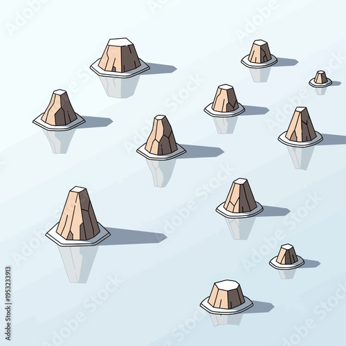 Illustration of several small, cone-shaped islands floating on a reflective body of water.