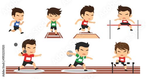 Athletics illustration, vector style graphic, sports competition, cartoon characters, track and field, active lifestyle.