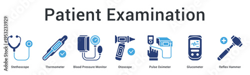 Patient examination banner web icon displays essential diagnostic tools for comprehensive health assessment procedures.