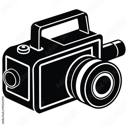 A black and white illustration depicting a vintage style film camera with a lens
