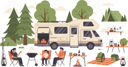 Family camping trip with motorhome camper van barbecue grill outdoor furniture and hiking equipment vector illustration collection