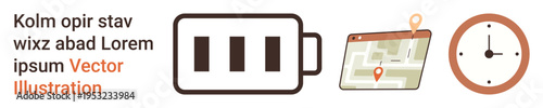Energy management, navigation, time tracking, scheduling, productivity, technology. Battery icon, map with pin clock illustration. Energy management and navigation concepts