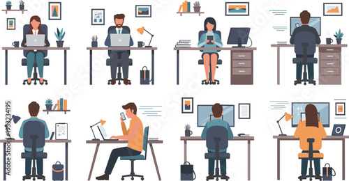 Professional people working at desks with laptops and monitors in home office and corporate workspace vector illustration collection
