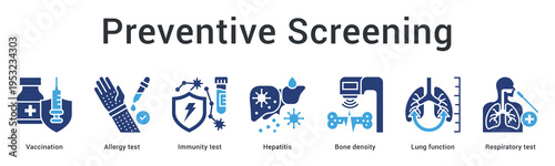 Preventive screening banner web icon provides immunization and testing for disease prevention and early detection.