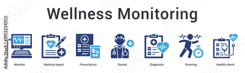 Wellness monitoring banner web icon tracks overall health status through regular checkups and physical activity assessment.