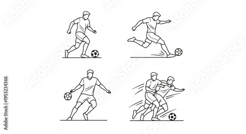 Set of Soccer Player Line Art Sketches