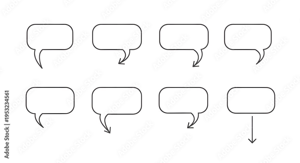 Fototapeta premium Set of 8 Empty Speech Bubbles with Outlined Borders on White Background