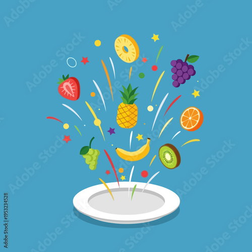 Colorful illustration of various fruits exploding from a white plate against a blue background.