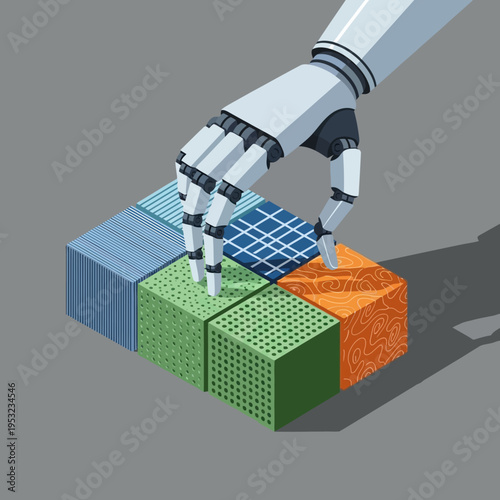 An illustration of a robotic hand interacting with a set of patterned blocks.