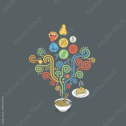 An artistic illustration depicting the sensory experience of eating delicious food, emphasizing taste and smell.