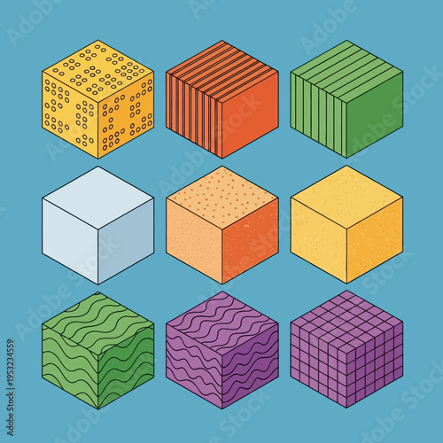 Isometric illustration of nine different textured cubes arranged in a grid pattern.