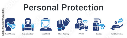 Personal protection banner web icon provides complete PPE equipment from masks to sanitizers for individual safety.