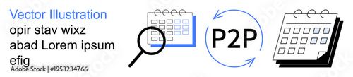 Time management, scheduling apps, productivity tools, peer-to-peer systems, data analysis, task planning. Calendar icons with magnifying glass and P2P symbol. Time management and scheduling apps