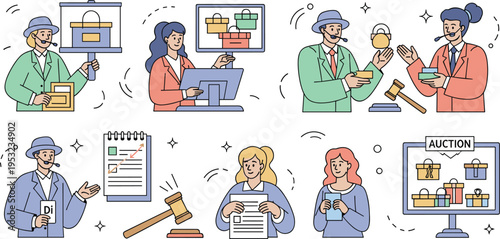 Professional auctioneers conducting live bidding sales with gavel auction screens luxury items and bidders in vector illustration collection