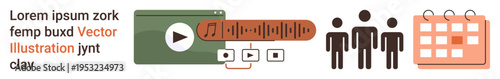 Digital marketing, multimedia creation, teamwork, project management, content scheduling, time management. Graphic of video player, audio wave people icons and calendar. Multimedia and teamwork