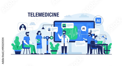 Telemedicine concept illustration showing doctors and patients interacting remotely via technology, with AI integration for healthcare.