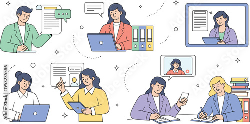 Professional business people working on laptops participating in video conference calls and managing office documents vector illustration collection