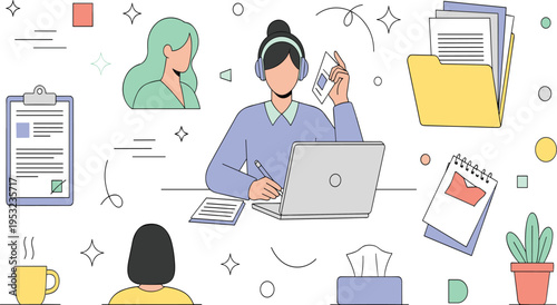 Professional customer service representative working on laptop with headset office icons documents folders and remote support vector illustration