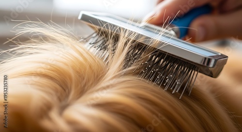Close-up of a person brushing a golden retriever's long, blonde fur with a slicker brush