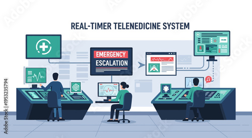 Illustration of a real-time telemedicine system with operators monitoring vital signs and emergency escalations on multiple screens.