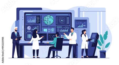 Scientists and researchers collaborating in a modern laboratory, analyzing data on a large interactive screen with futuristic interfaces.