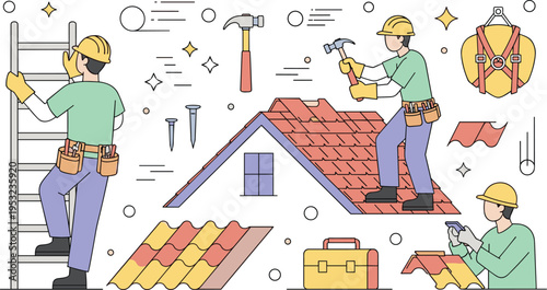 Professional roofing construction workers installing shingles on house roof with hammers ladder safety harness and tools vector illustration