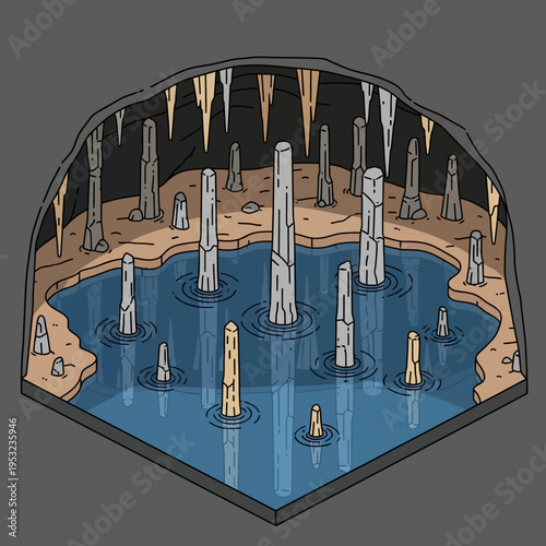 Isometric illustration of a cave with stalagmites and a reflective pool of water.