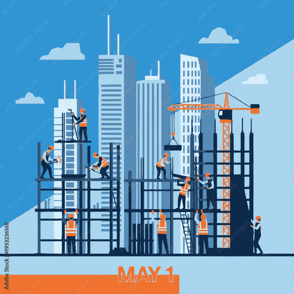 Fototapeta premium Construction workers building skyscrapers with cranes and scaffolding.