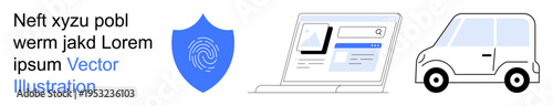 Cybersecurity, identity verification, online services, digital protection, transportation, technology. Blue fingerprint shield, laptop screen and car graphic. Cybersecurity and identity verification