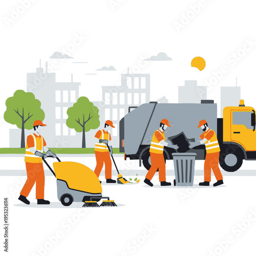 City Sanitation Workers Cleaning Street with Truck.