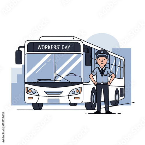 Bus Driver Standing Proudly Next to a Bus on Workers Day.