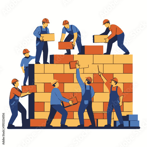 Construction workers building a brick wall together.