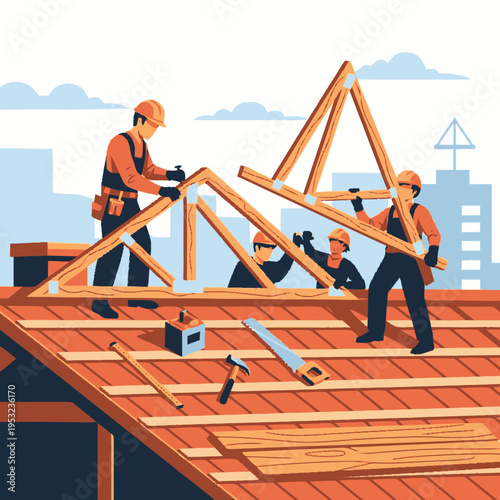 Construction workers building a roof structure.
