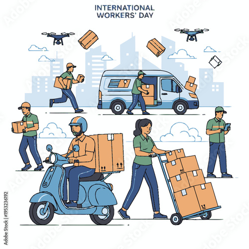 Delivery workers and drones celebrating International Workers Day.