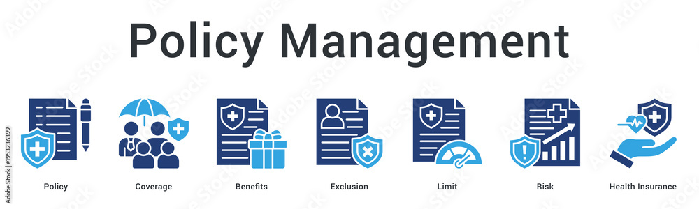 Fototapeta premium Policy management banner web icon outlines coverage terms, benefits, exclusions and risk limits for insurance contracts.