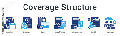 Coverage structure banner web icon breaks down premium costs, deductibles, copays and reimbursement components clearly.