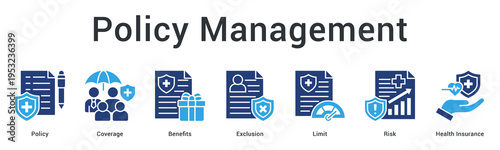 Policy management banner web icon outlines coverage terms, benefits, exclusions and risk limits for insurance contracts.