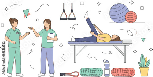 Flat line vector illustration of physical therapists assisting a patient with rehabilitation exercises using fitness balls and foam rollers