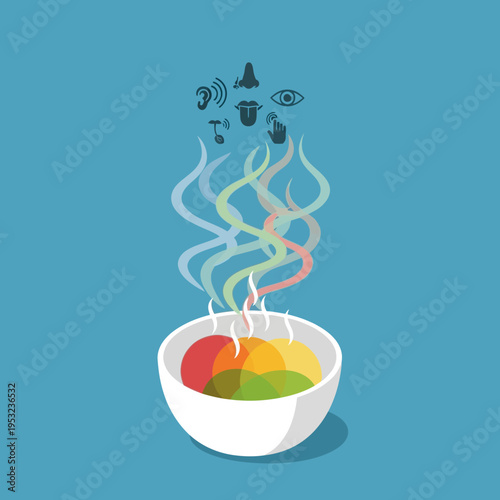 A colorful bowl of food with sensory icons above, representing taste and smell.