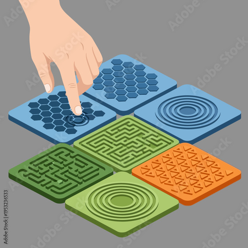 Isometric view of a hand interacting with a set of textured game tiles.