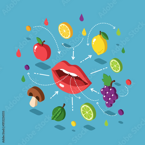 Isometric illustration of a mouth surrounded by various fruits and vegetables, representing taste.