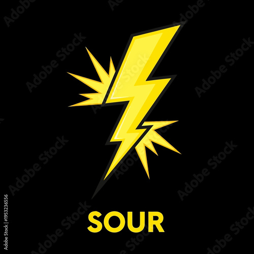 A vibrant graphic featuring a yellow lightning bolt with the word SOUR below.