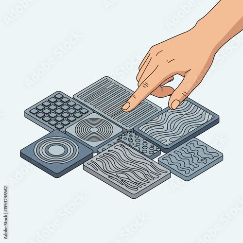 A hand pointing at a textured surface among several other similar surfaces.