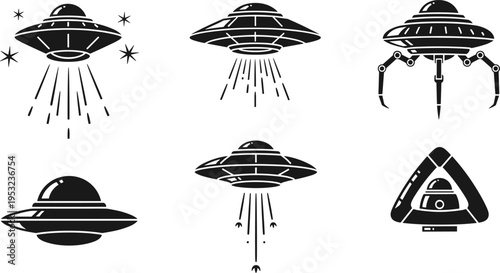 UFO spaceship silhouettes collection, alien flying saucer icons, sci fi spacecraft vector illustration, extraterrestrial technology symbols, futuristic space design, black and white artwork