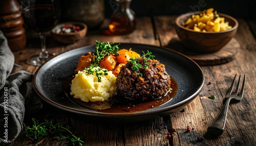 Haggis plated with neeps and tatties, rustic wooden table, moody dark lighting, dramatic shadows