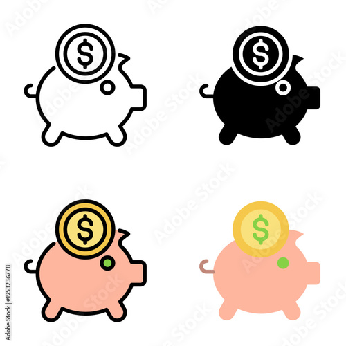 Piggy bank icon collection of various styles for design branding, print and digital media
