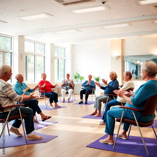 Diverse group of elderly people doing gentle chair yoga in a bright community center, ideal for senior wellness, active aging, inclusive fitness, community health, gentle exercise routine, modern
